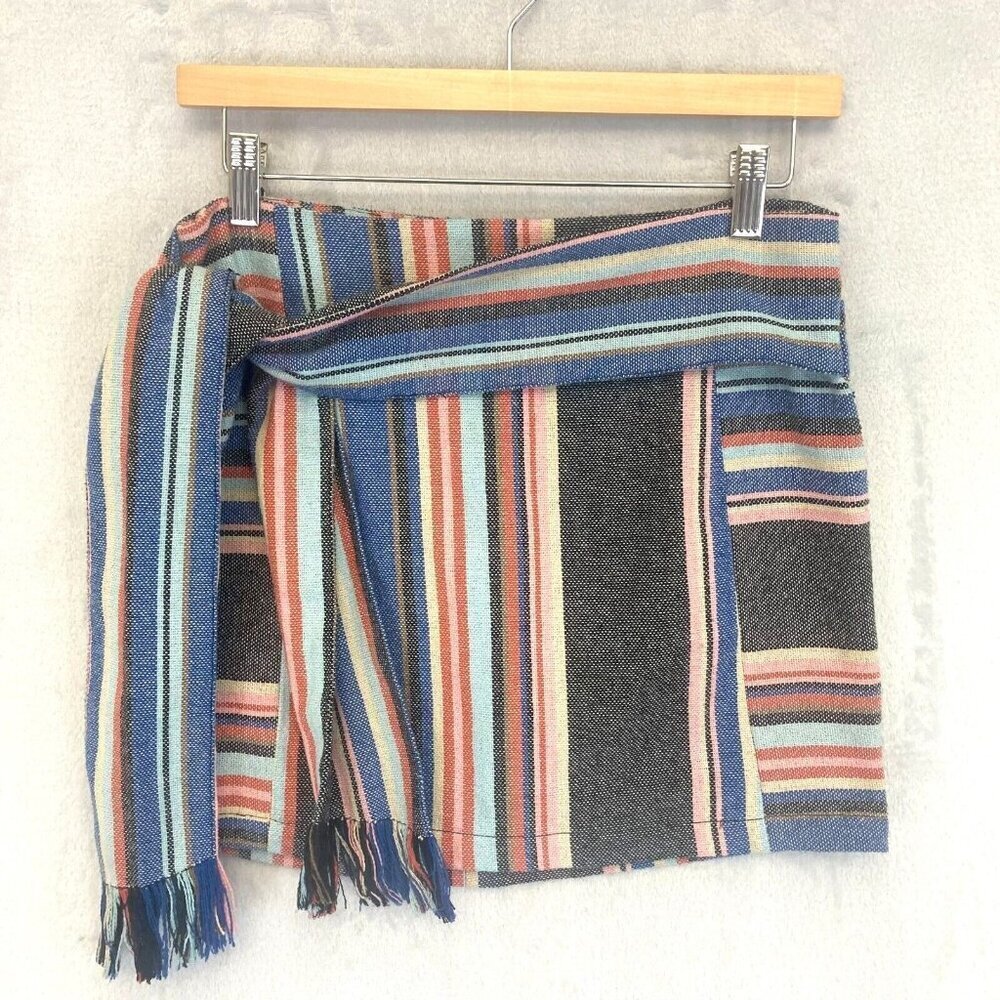 Guess Silas Woven Mini Skirt Womens Size 0 Striped Boho Multicolor Belted Fringe - Picture 1 of 9